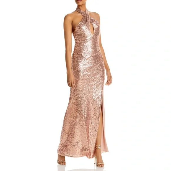 Aqua Womens Sequined Halter Evening Dress - Pink - Small